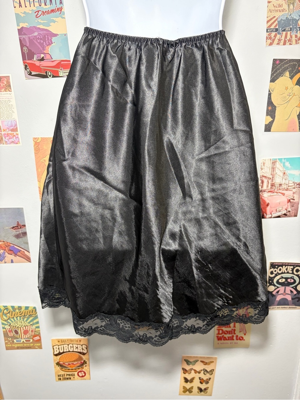 Victoria's Secret Black Satin Half Slip with Lace Hem
